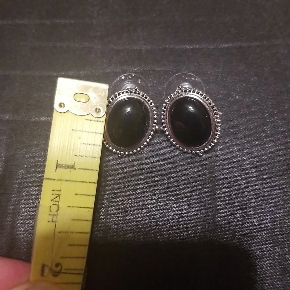 Vintage Silver Tone and Black Enamel Earrings